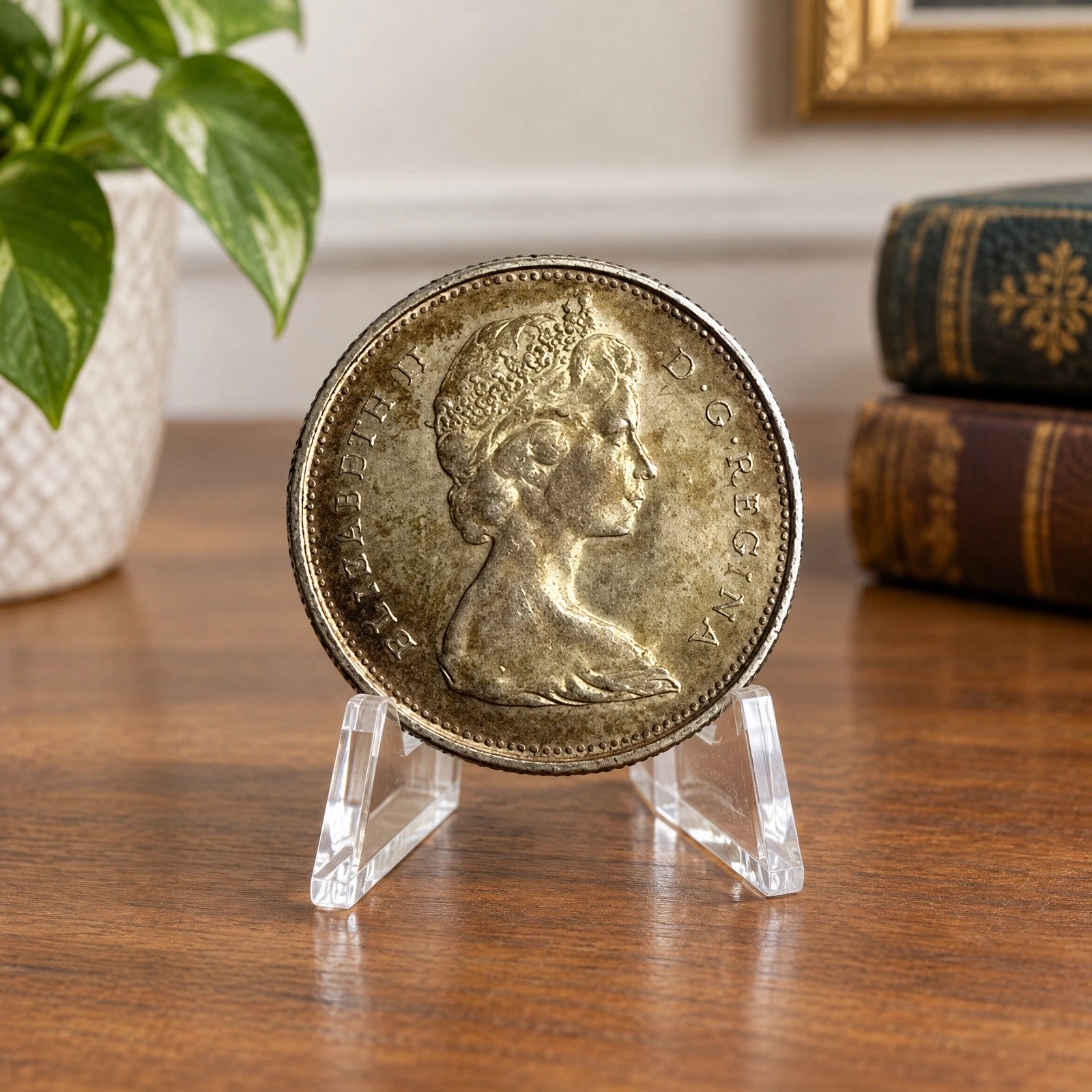 The same collectible coin presented in a styled interior setting